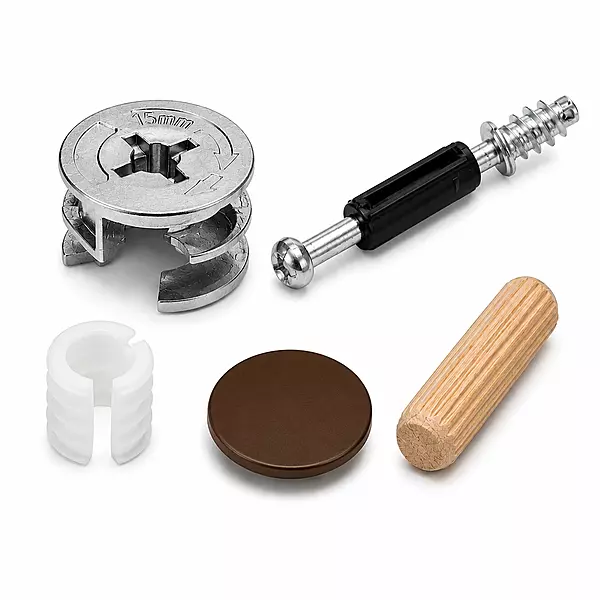 Minifix | Cam-lock, Rotor Screw, Bush, Dowel, Brown Caps set | Pack of 10